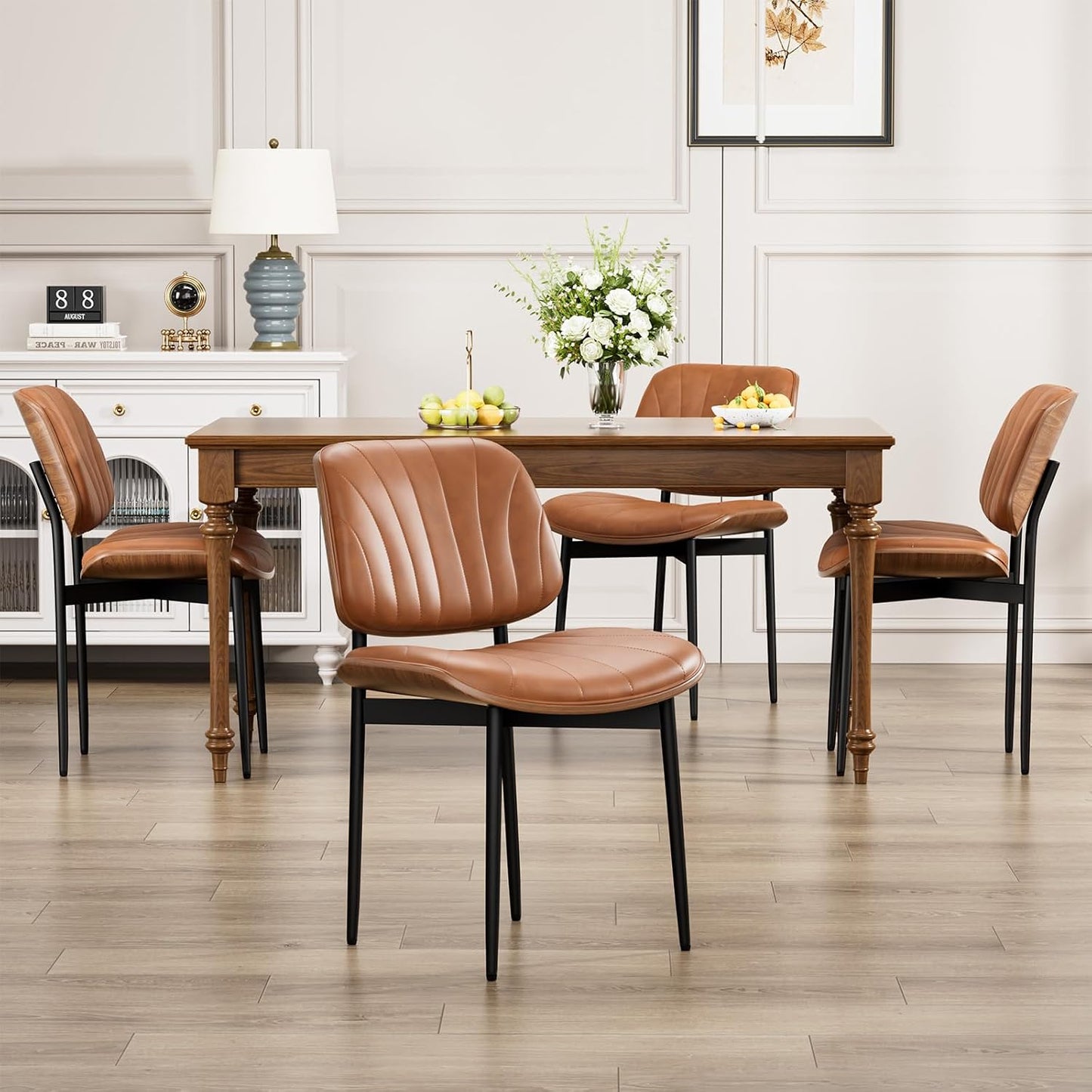 YaFiti Mid Century Dining Chairs Set of 4 with Walnut Bentwood, Greige | Ergonomic Walnut Backrest, Upholstered Waterproof PU Leather Seat, Stable Metal Legs, Adjustable Footpads, Apartment Friendly — Light Tan Scallop / 4