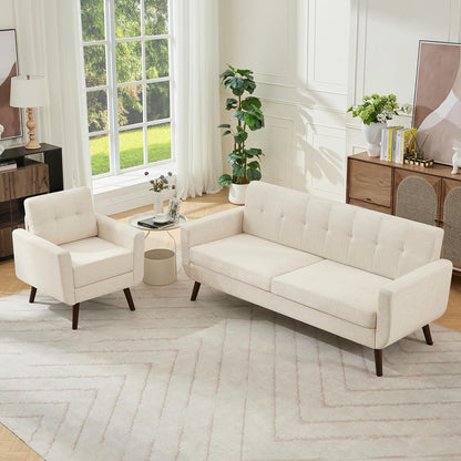 Tbfit Linen Fabric Single Sofa, Accent Chair, Mid Century Modern Armchair for Living Room, Bedroom Button Tufted Upholstered Comfy Reading Sofas, Beige