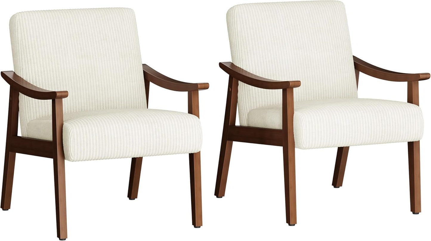 Yaheetech Faux Leather Accent Chair, Mid-Century Modern Armchair with Solid Wood Legs, Reading Leisure Chair with High Back for Living Room Bedroom Waiting Room, Set of 2, Brown — Beige / Corduroy Fabric