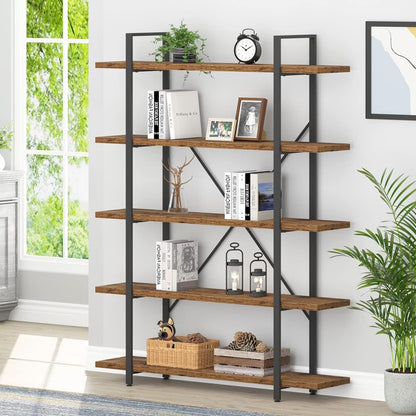 HSH White Bookshelf, 6 Tier Tall Bookcases for Bedroom Living Room Office | Industrial Modern Vertical Metal and Wood Bookcases, Farmhouse 6 Shelf Open Large Storage Book Shelves Display Book Shelf — 5-Tier / Rustic Brown