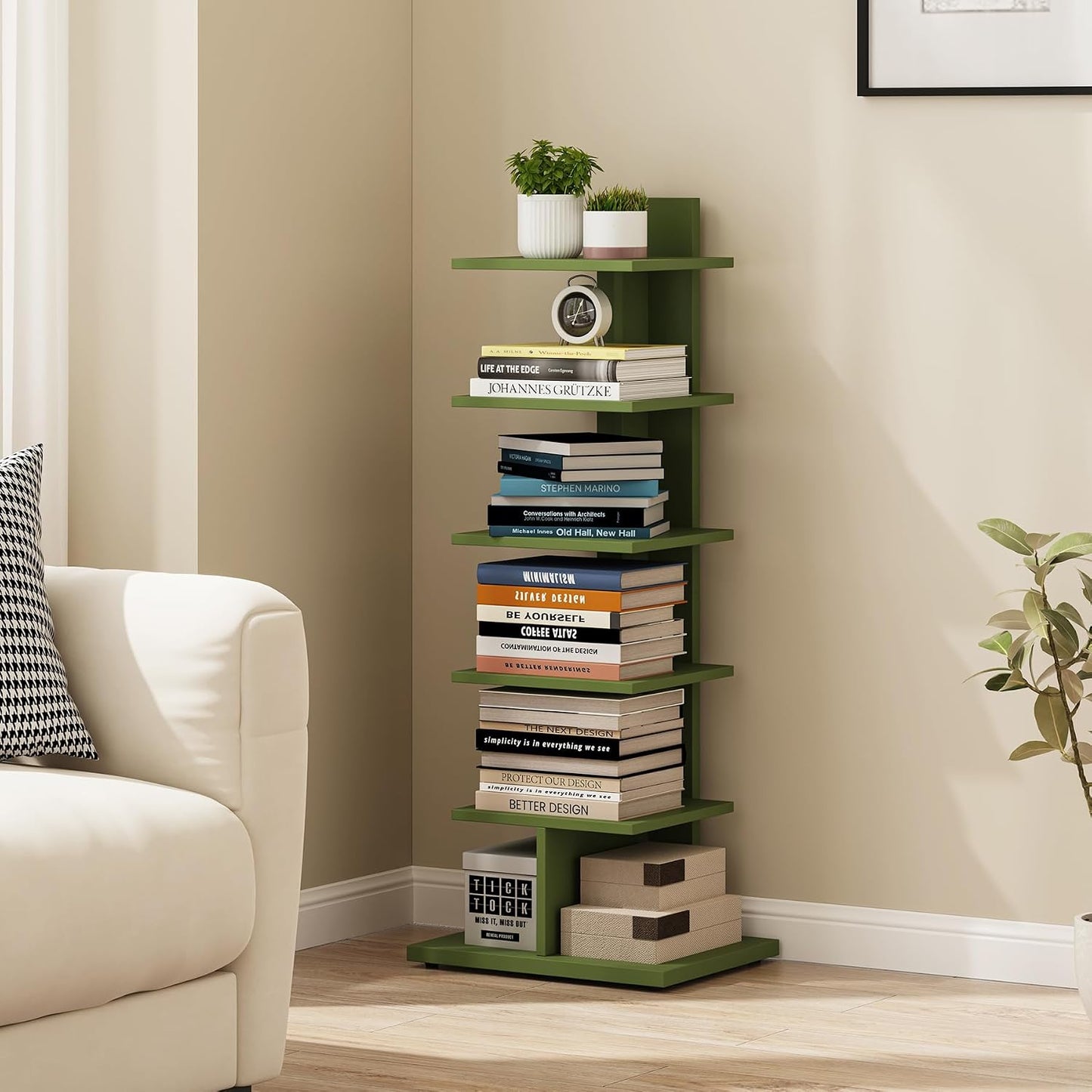 TUTOTAK Book Shelf, Narrow Spine Bookshelf, 8-Tier Bookcase for Small Space | 10.4 x 13.4 x 47.5 Inches Vertical Freestanding Corner Shelf for Living Room, Office, Study, Entryway, Brown BS06BB008 — 6 Tier - Shelf / Olive Green