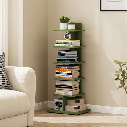 TUTOTAK Book Shelf, Narrow Spine Bookshelf, 8-Tier Bookcase for Small Space | 10.4 x 13.4 x 47.5 Inches Vertical Freestanding Corner Shelf for Living Room, Office, Study, Entryway, Brown BS06BB008 — 6 Tier - Shelf / Olive Green