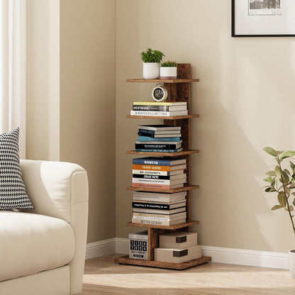 TUTOTAK Book Shelf, Narrow Spine Bookshelf, 8-Tier Bookcase for Small Space | 10.4 x 13.4 x 47.5 Inches Vertical Freestanding Corner Shelf for Living Room, Office, Study, Entryway, Brown BS06BB008 — 6 Tier - Shelf / Rustic Brown