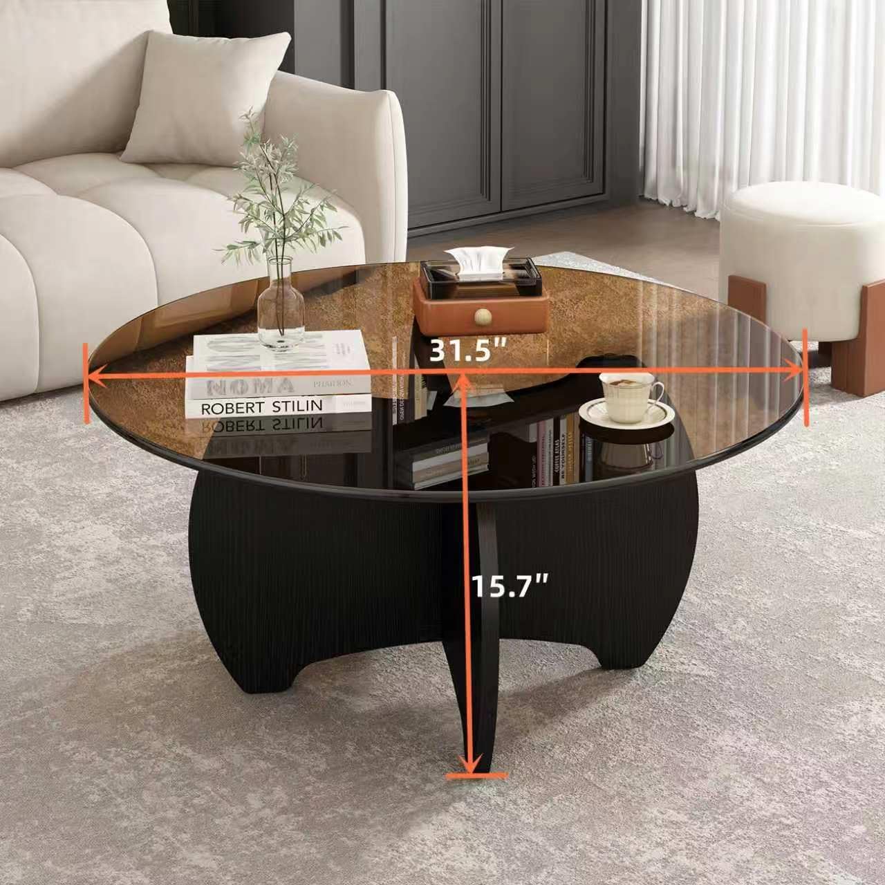 31.5'' Round Coffee Table with Tempered Glass Top, Modern Center Table for Small Spaces - Sturdy Black Board Frame, Simple Design for Living Room, Home, Office - Easy Assembly. — Black (2)