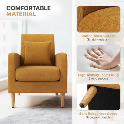 Magshion Accent Chair for Living Room, Comfy Mid-Century Reading Chair for Bedroom, Upholstered Linen Fabric Armchair Single Sofa with Back Pillow & Wood Legs, 300 lbs Capacity, Yellow — Yellow (5)