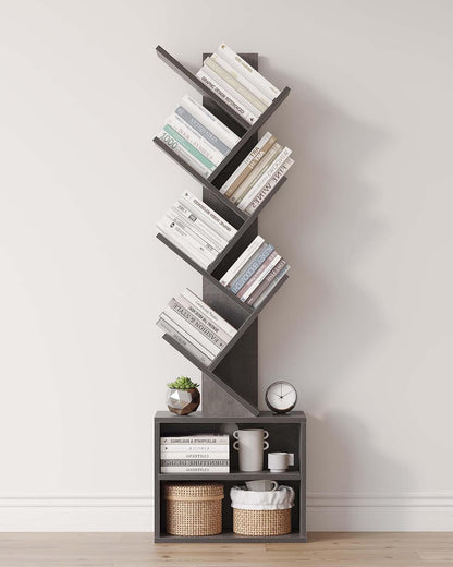 SUNMORY 6 Tier Tree Bookshelf, Small Bookcase with Storage Cabinet, Modern Tall Narrow Bookshelves Organizer, Floor Standing Book Shelf for Bedroom/Living Room/Home Office/Corner, Rustic Brown — Grey / 6 Tier-Standard