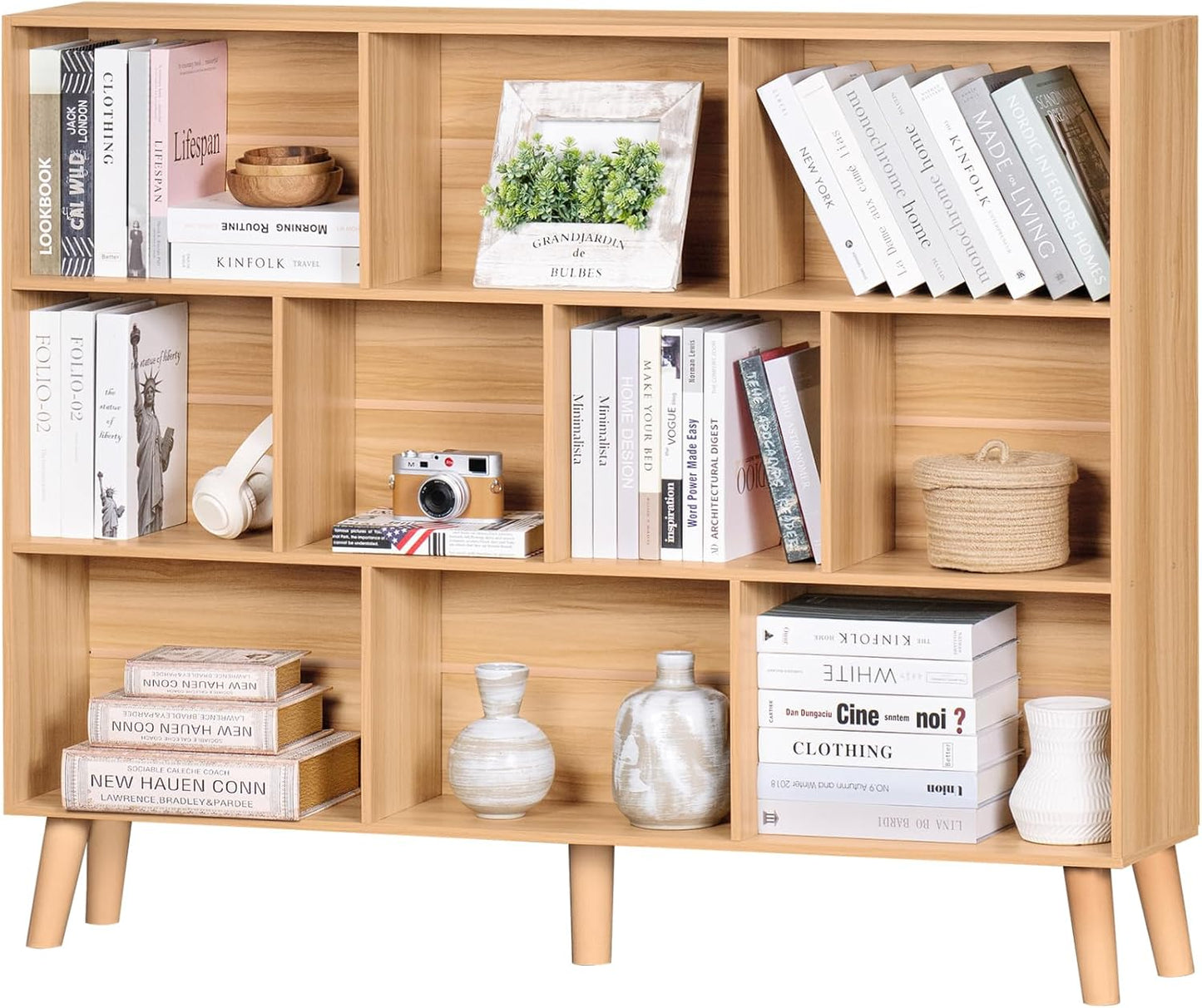 LEYAOYAO Cube Bookshelf 3 Tier Mid-Century Rustic Brown Modern Bookcase with Legs,Retro Wood Bookshelves Storage Organizer Shelf,Freestanding Open Book Shelves for Bedroom,Living Room,Office — Natural / 10 Cube Plus with Legs
