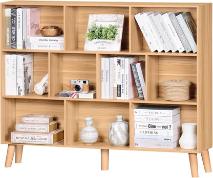 LEYAOYAO Cube Bookshelf 3 Tier Mid-Century Rustic Brown Modern Bookcase with Legs,Retro Wood Bookshelves Storage Organizer Shelf,Freestanding Open Book Shelves for Bedroom,Living Room,Office — Natural / 10 Cube Plus with Legs