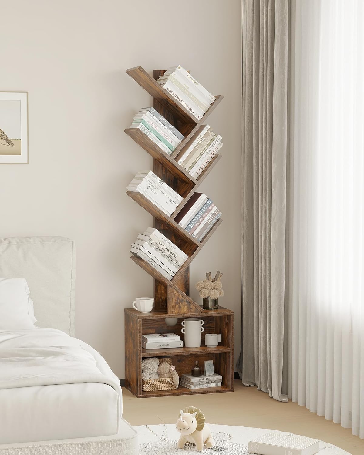 SUNMORY 6 Tier Tree Bookshelf, Small Bookcase with Storage Cabinet, Modern Tall Narrow Bookshelves Organizer, Floor Standing Book Shelf for Bedroom/Living Room/Home Office/Corner, Rustic Brown — Brown / 6 Tier-Standard (8)