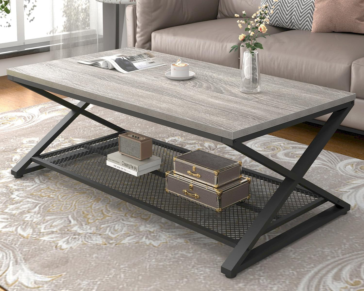 LVB Coffee Table for Living Room, 2 Tier Tea Table, 47 inch, Rustic Brown | Industrial Metal Wood Coffee Table with Storage, Farmhouse Wooden Rectangle Center Table with Mesh Shelf for Office Bedroom — Light Grey Oak / 47 inch