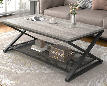 LVB Coffee Table for Living Room, 2 Tier Tea Table, 47 inch, Rustic Brown | Industrial Metal Wood Coffee Table with Storage, Farmhouse Wooden Rectangle Center Table with Mesh Shelf for Office Bedroom — Light Grey Oak / 47 inch