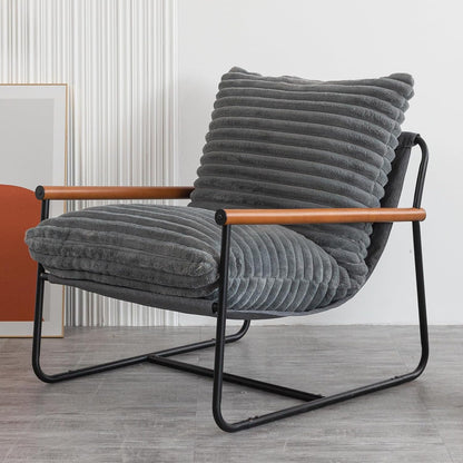 MAXYOYO Accent Chair, Sherpa Arm Chair for Living Room, Mid Century Modern Accent Chairs, Boucle Reading Bedroom Chair, Teddy Armchair, Wooden Arms Metal Frame — Grey