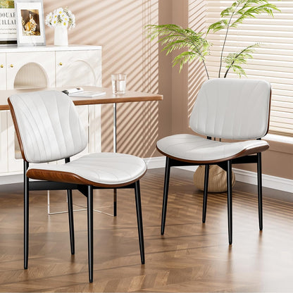 YaFiti Mid Century Dining Chairs Set of 4 with Walnut Bentwood, Greige | Ergonomic Walnut Backrest, Upholstered Waterproof PU Leather Seat, Stable Metal Legs, Adjustable Footpads, Apartment Friendly — White Scallop / 2