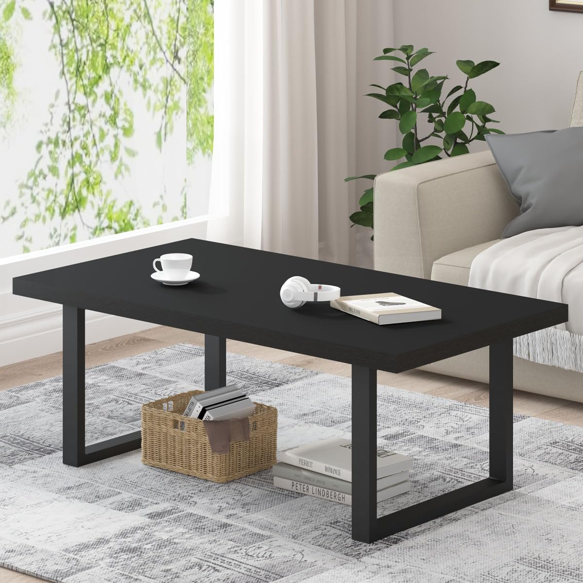 IBF Rustic Coffee Table, Industrial Simple Wooden Living Room Table, Modern Minimalist Farmhouse Rectangle Center Table, Wood and Metal Vintage Tea Coffee Table for Home Bedroom, Rustic Brown, 39 Inch — Black Oak / 47 inch