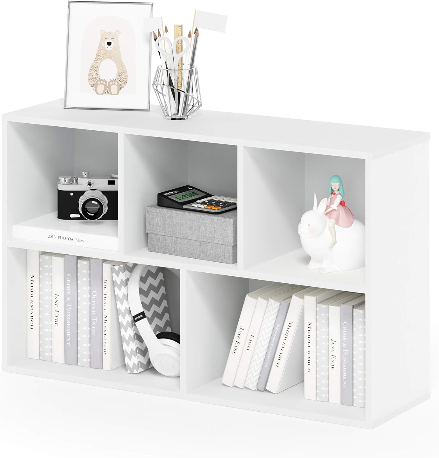 Furinno LUDER Book Shelf, 5-Cube Bookshelf, Reversible Bookcase, 9.4 x 19.5 x 31.5, Easy Assembly, for Living Room, Bedroom, Home Office, White — White / 5-Cube