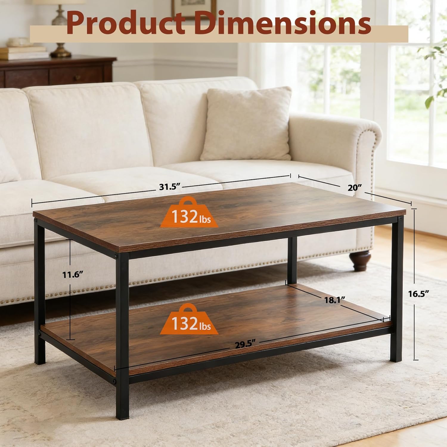SUPER DEAL 2-Tier Industrial Coffee Table with Storage Shelf for Small Apartment Living Room, Rectangle Wood and Stable Metal TV Stand Side End Table, Rustic Brown — Rustic Brown / 31.5in (3)