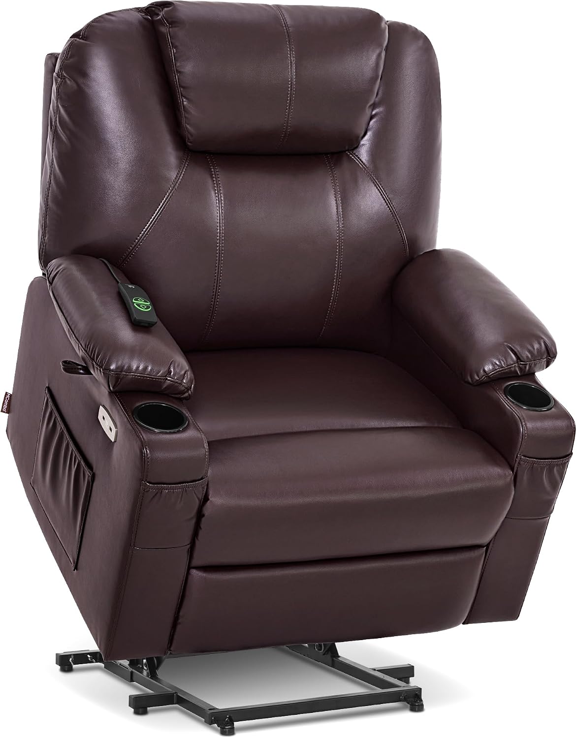 MCombo Electric Power Lift Recliner Chair Sofa with Massage and Heat for Elderly, 3 Positions, 2 Side Pockets, and Cup Holders, USB Ports, Faux Leather 7040 (Grey, Medium) — Medium-Wide / Dark Brown