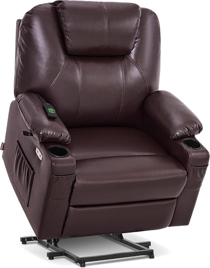 MCombo Electric Power Lift Recliner Chair Sofa with Massage and Heat for Elderly, 3 Positions, 2 Side Pockets, and Cup Holders, USB Ports, Faux Leather 7040 (Grey, Medium) — Medium-Wide / Dark Brown