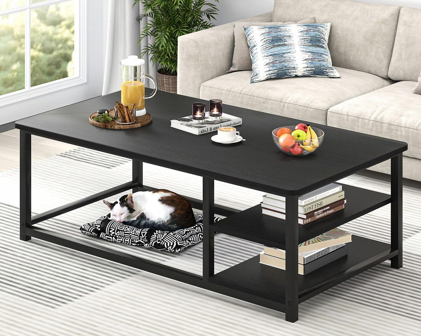 EXCEFUR Modern Coffee Table, Rustic Wood and Metal Living Room Table with Storage Shelf, Industrial Brown, 47 Inch — Black