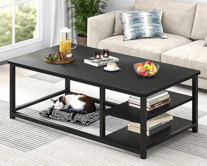 EXCEFUR Modern Coffee Table, Rustic Wood and Metal Living Room Table with Storage Shelf, Industrial Brown, 47 Inch — Black