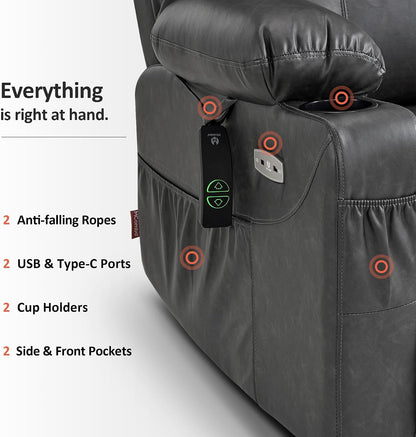 MCombo Electric Power Lift Recliner Chair Sofa with Massage and Heat for Elderly, 3 Positions, 2 Side Pockets, and Cup Holders, USB Ports, Faux Leather 7040 (Grey, Medium) — Medium / Grey (10)