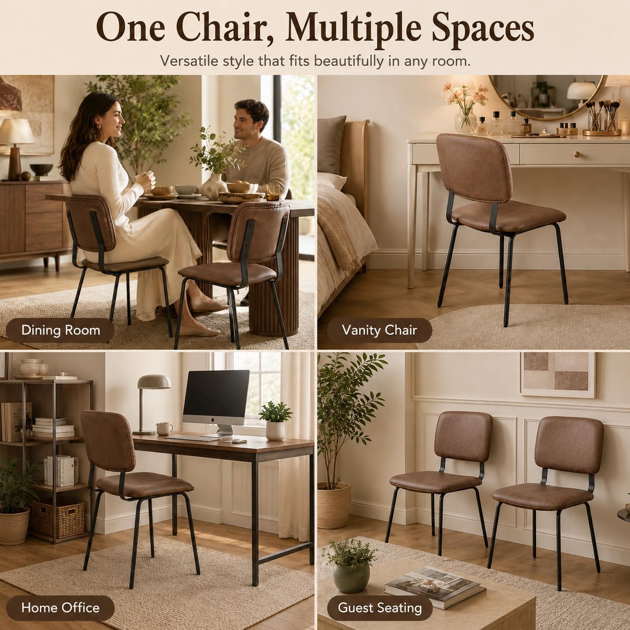 Brown Dining Chairs Set of 2, Faux Leather Upholstered Kitchen & Dining Room Chairs with Back, Modern Armless Side Chairs with Black Metal Legs for Dining Room, Kitchen, Vanity, Guest Room
