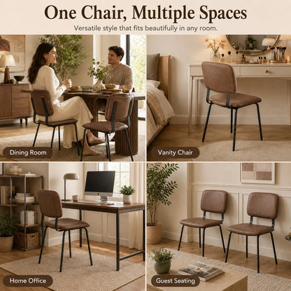 Brown Dining Chairs Set of 2, Faux Leather Upholstered Kitchen & Dining Room Chairs with Back, Modern Armless Side Chairs with Black Metal Legs for Dining Room, Kitchen, Vanity, Guest Room
