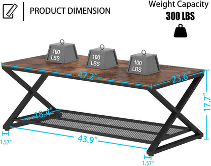 LVB Coffee Table for Living Room, 2 Tier Tea Table, 47 inch, Rustic Brown | Industrial Metal Wood Coffee Table with Storage, Farmhouse Wooden Rectangle Center Table with Mesh Shelf for Office Bedroom — Rustic Brown / 47 inch (2)