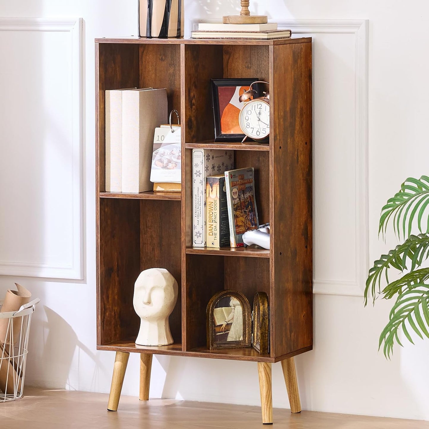 LEYAOYAO Cube Bookshelf 3 Tier Mid-Century Rustic Brown Modern Bookcase with Legs,Retro Wood Bookshelves Storage Organizer Shelf,Freestanding Open Book Shelves for Bedroom,Living Room,Office — Brown / 5 Cube with Legs