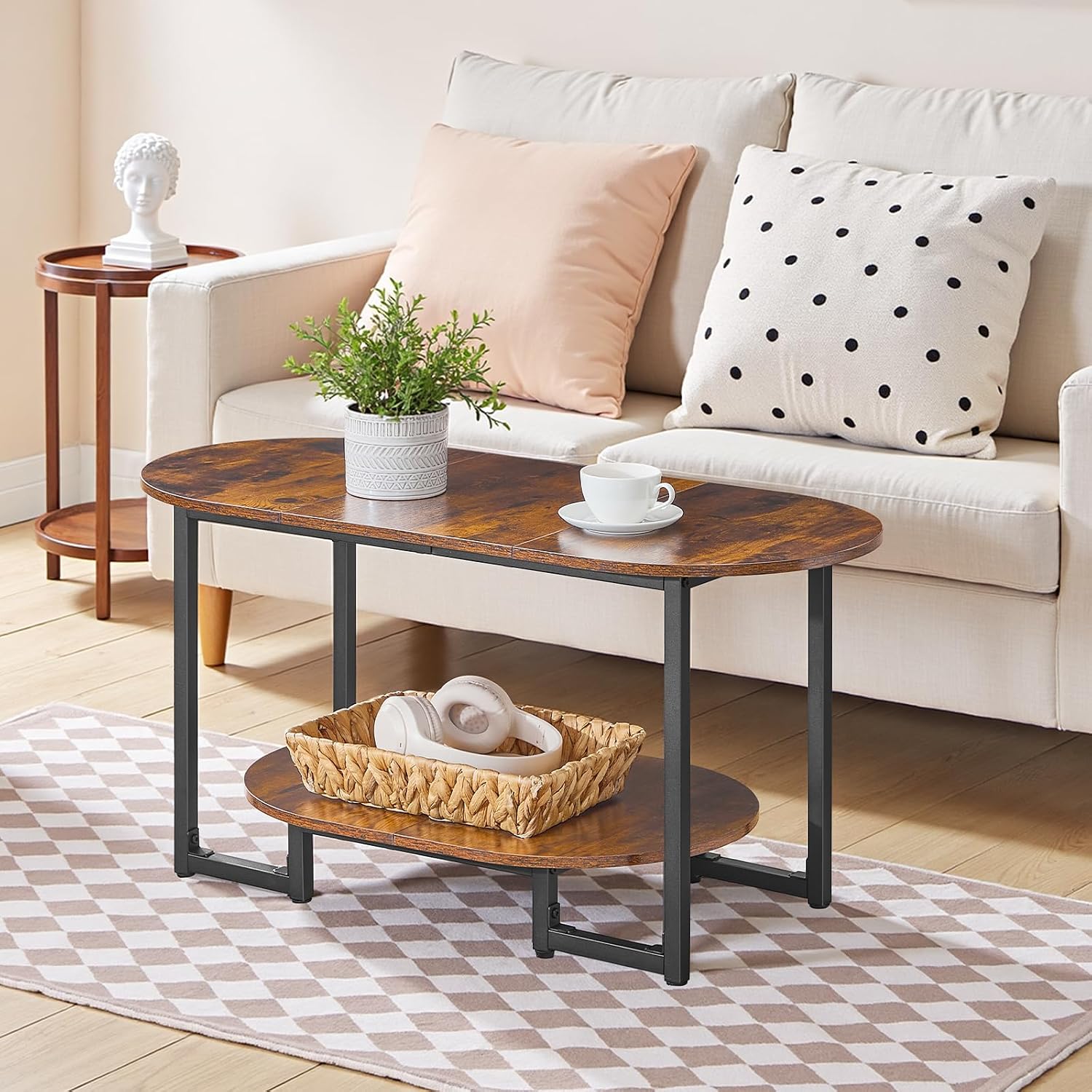 HOOBRO Coffee Table for Living Room, Oval Small Coffee Table with 2-Tier Open Storage Shelf, Industrial Cocktail Tea Table, Wooden Desktop Center Table, Farmhouse, Home Office, Rustic Brown BF09KF01 — Rustic Brown (3)