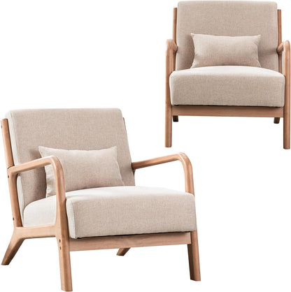 INZOY Mid Century Modern Accent Chair with Wood Frame, Upholstered Living Room Chairs with Waist Cushion, Reading Armchair for Bedroom Sunroom (Beige) — Beige / Modern