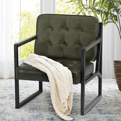 COLAMY Mid Century Modern Accent Chair Set of 2, Comfy Living Room Chair, Black Leather Accent Chair, Faux Leather Reception Armchair with Metal Legs for Living Room Bedroom Reception Office, Black — Green / Set of 1