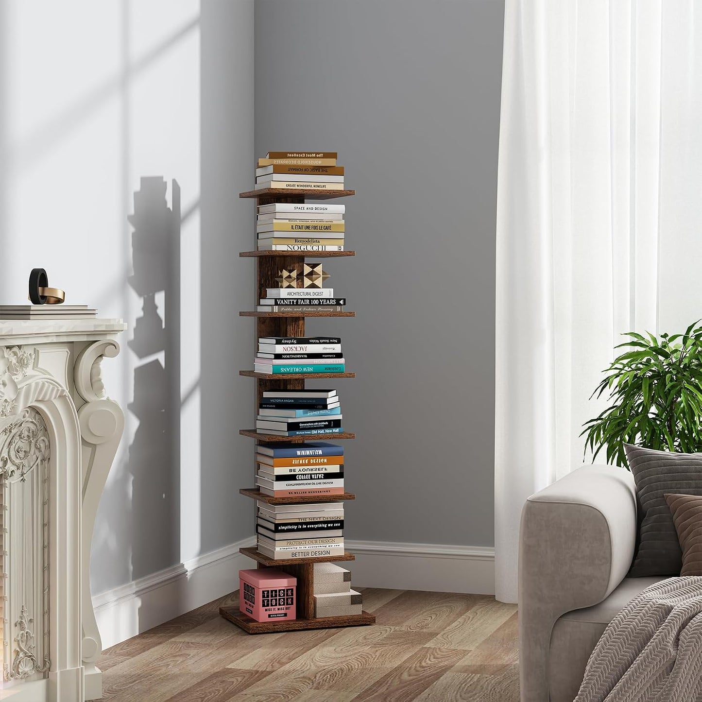 TUTOTAK Book Shelf, Narrow Spine Bookshelf, 8-Tier Bookcase for Small Space | 10.4 x 13.4 x 47.5 Inches Vertical Freestanding Corner Shelf for Living Room, Office, Study, Entryway, Brown BS06BB008 — 8 Tier / Rustic Brown