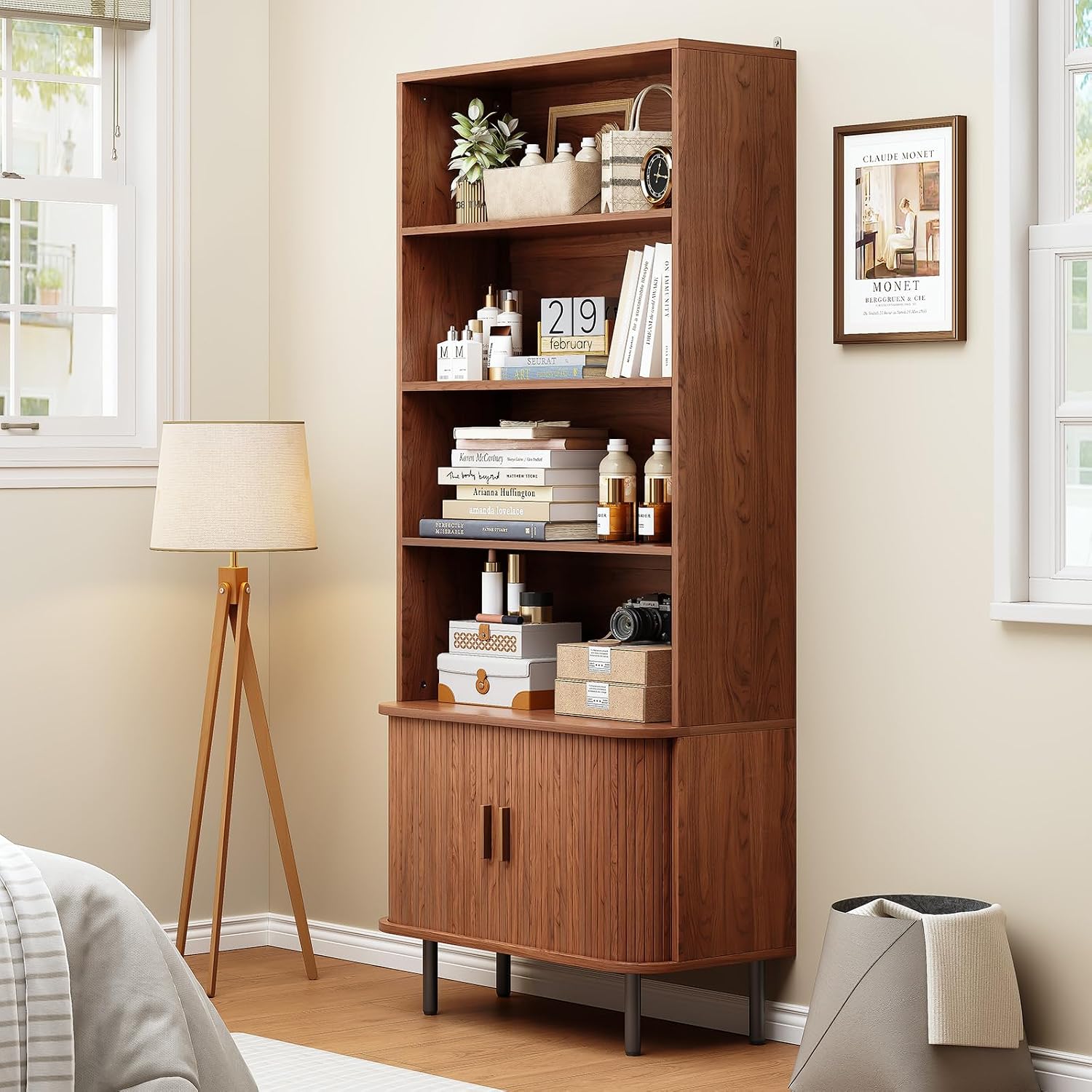 ONBRILL 71" Tall Bookshelf, 4-Tier Bookcase with Storage Cabinet & Adjustable Storage Shelf, Freestanding Wood Bookshelf with Sliding Door and Adjustable Footpad, for Home Office, Living Room, Walnut — Walnut (6)