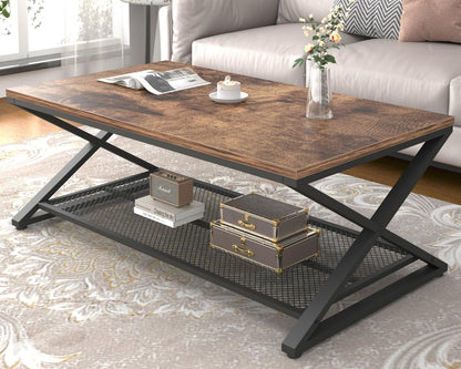 LVB Coffee Table for Living Room, 2 Tier Tea Table, 47 inch, Rustic Brown | Industrial Metal Wood Coffee Table with Storage, Farmhouse Wooden Rectangle Center Table with Mesh Shelf for Office Bedroom — Rustic Brown / 47 inch