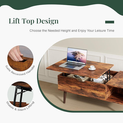Wood Lift Top Coffee Table with Hidden Storage Compartment & Open Shelf, Multi-Functional Wooden Tabletop Dining Table for Living Room, Home Small Space — Rustic Brown / 39 Inches (3)