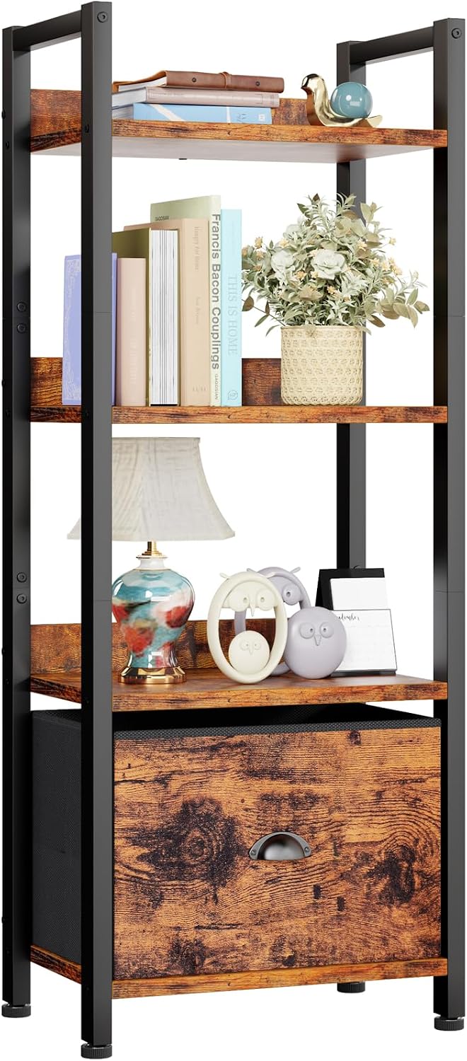 Furologee 5 Tier Bookshelf with Drawer, Tall Narrow Bookcase with Shelves, Wood and Metal Bookshelves Storage Organizer, Industrial Display Standing Shelf Unit for Bedroom, Living Room, Rustic Brown — Rustic Brown / 4 Tier -1 PCS