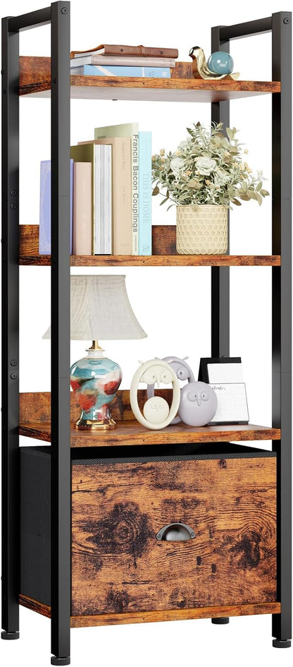 Furologee 5 Tier Bookshelf with Drawer, Tall Narrow Bookcase with Shelves, Wood and Metal Bookshelves Storage Organizer, Industrial Display Standing Shelf Unit for Bedroom, Living Room, Rustic Brown — Rustic Brown / 4 Tier -1 PCS