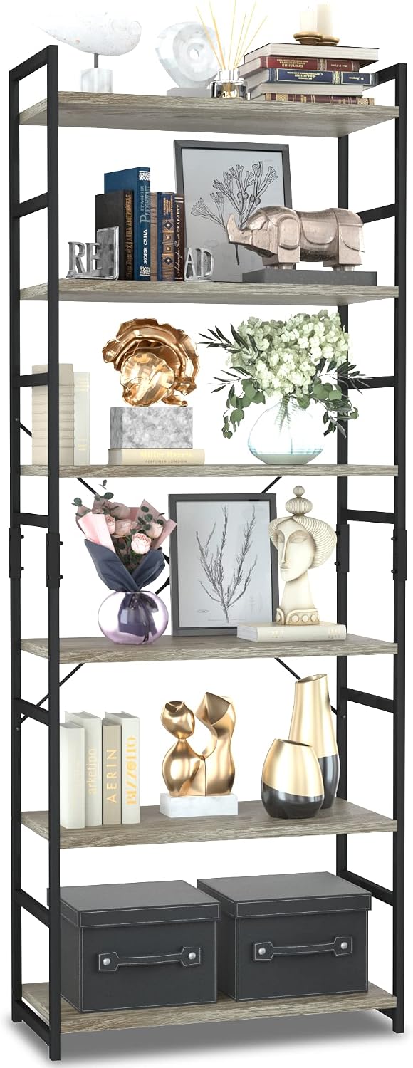 NUMENN 5 Tier Bookshelf, Tall Bookcase Shelf Storage Organizer, Modern Book Shelf for Bedroom, Living Room and Home Office, Vintage — 6 Tier / Grey
