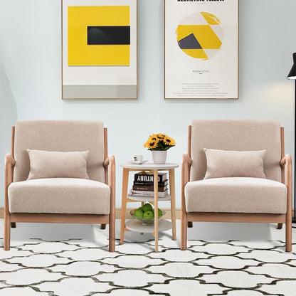 INZOY Mid Century Modern Accent Chair with Wood Frame, Upholstered Living Room Chairs with Waist Cushion, Reading Armchair for Bedroom Sunroom (Beige) — Beige / Classic (3)