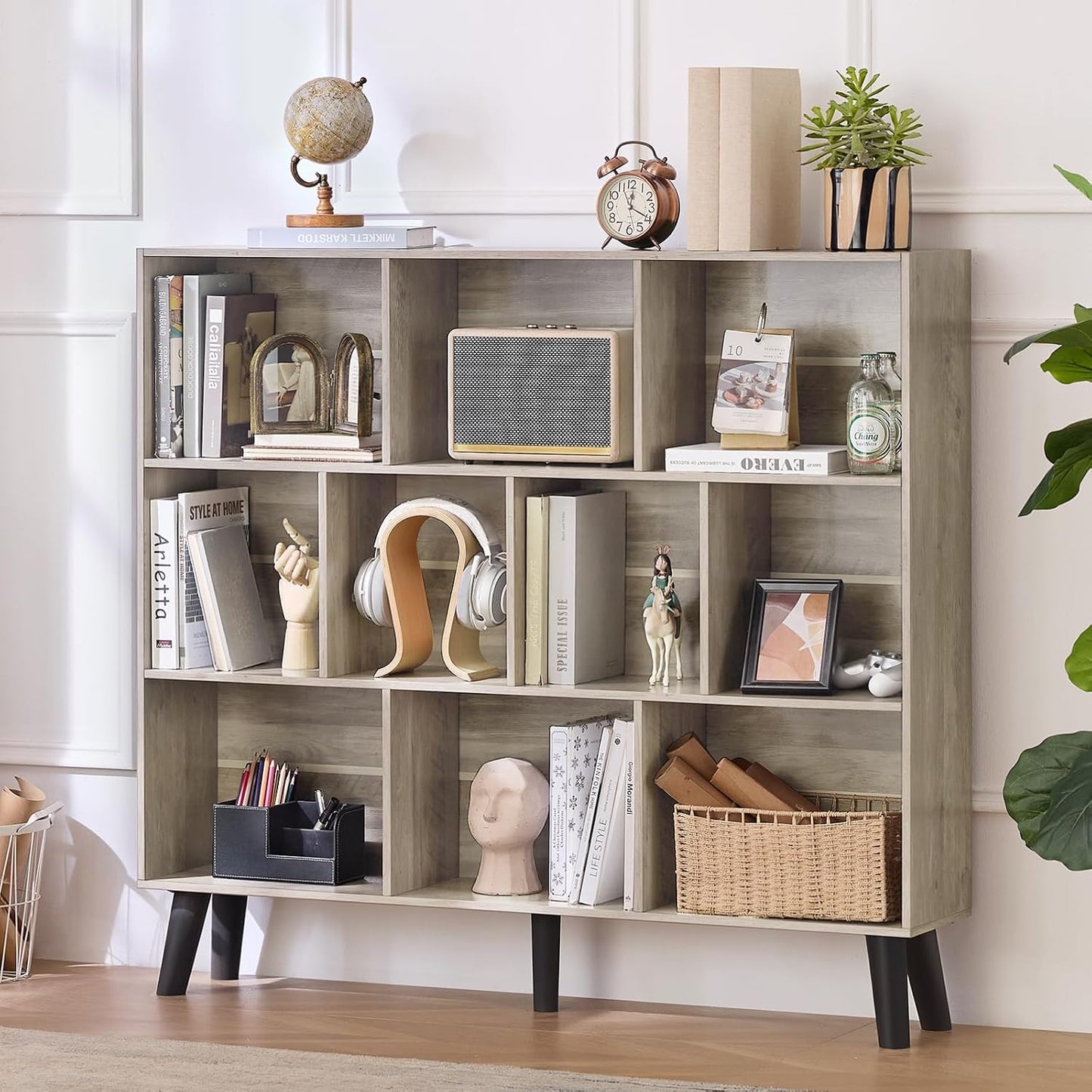 LEYAOYAO Cube Bookshelf 3 Tier Mid-Century Rustic Brown Modern Bookcase with Legs,Retro Wood Bookshelves Storage Organizer Shelf,Freestanding Open Book Shelves for Bedroom,Living Room,Office — Grey / 10 Cube with Legs
