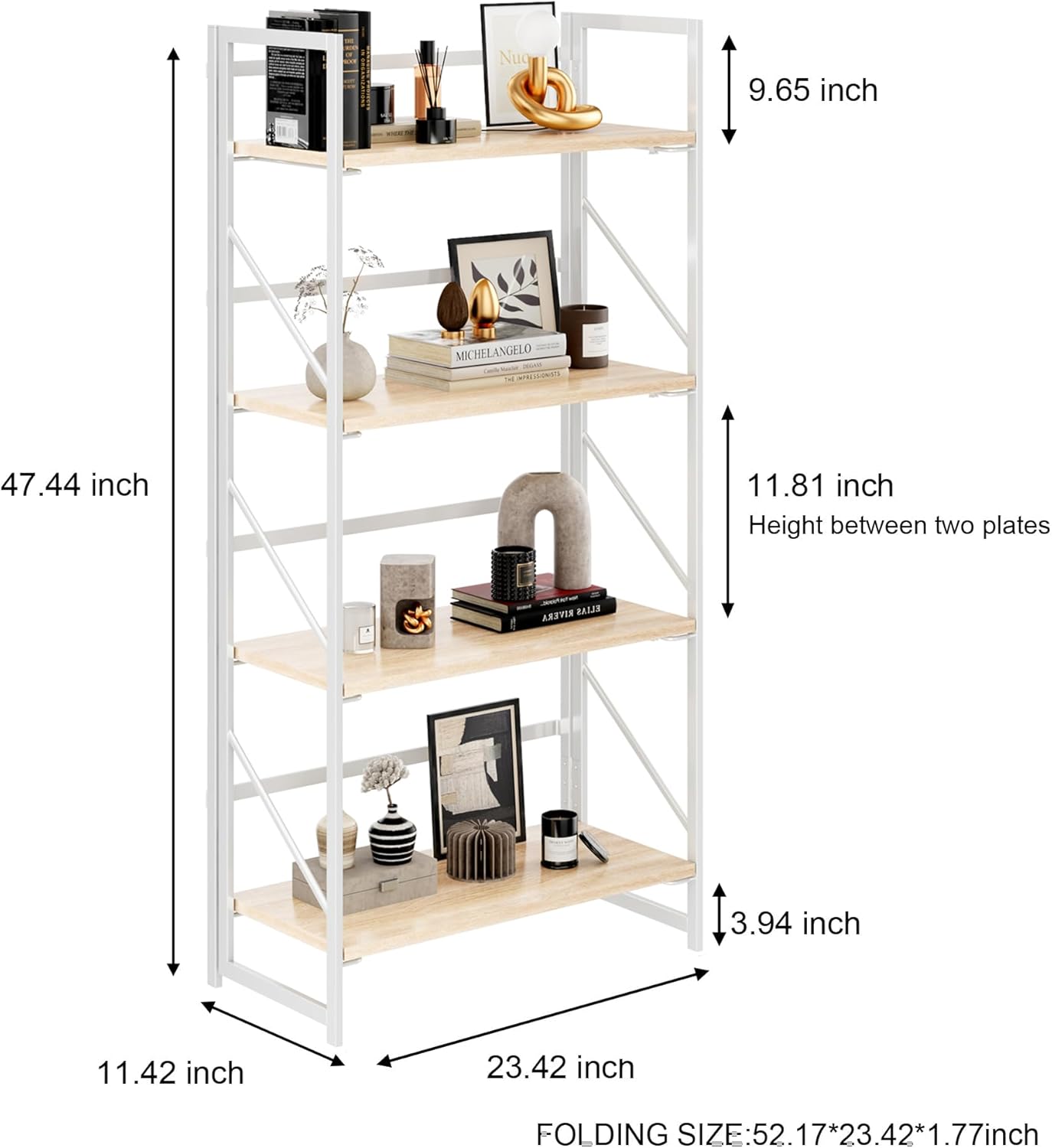 JSB No Assembly Folding Bookshelf, 4 Tier Industrial Metal Book Shelf for Storage, Vintage Wood Foldable Bookcase for Living Room, Bedroom, Office Organization Shelves — White / Flat Tube 4-Tier (3)