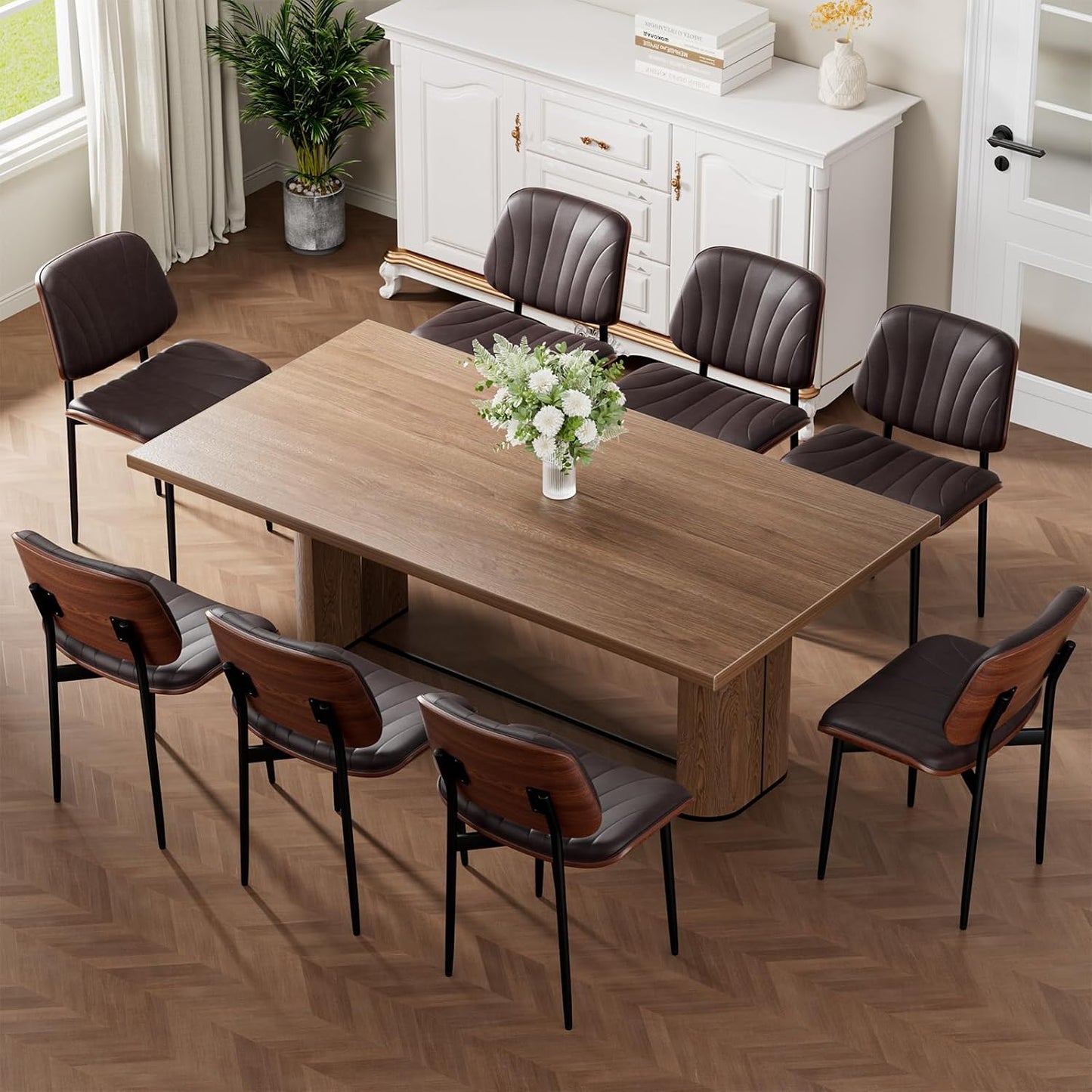 Dining Chairs Set of 4, Mid-Century Modern Upholstered PU Leather Chairs | with Walnut Bentwood Back and Metal Legs Adjustable Feet for Kitchen Dining Room, Black Shell Strips — Dark Brown Shell Strips / 8