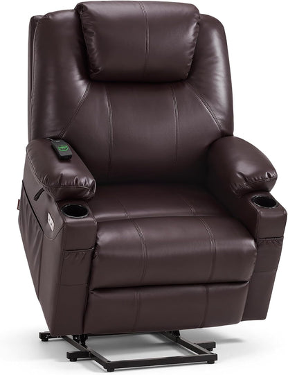 MCombo Electric Power Lift Recliner Chair Sofa with Massage and Heat for Elderly, 3 Positions, 2 Side Pockets, and Cup Holders, USB Ports, Faux Leather 7040 (Grey, Medium) — Small-Wide / Dark Brown