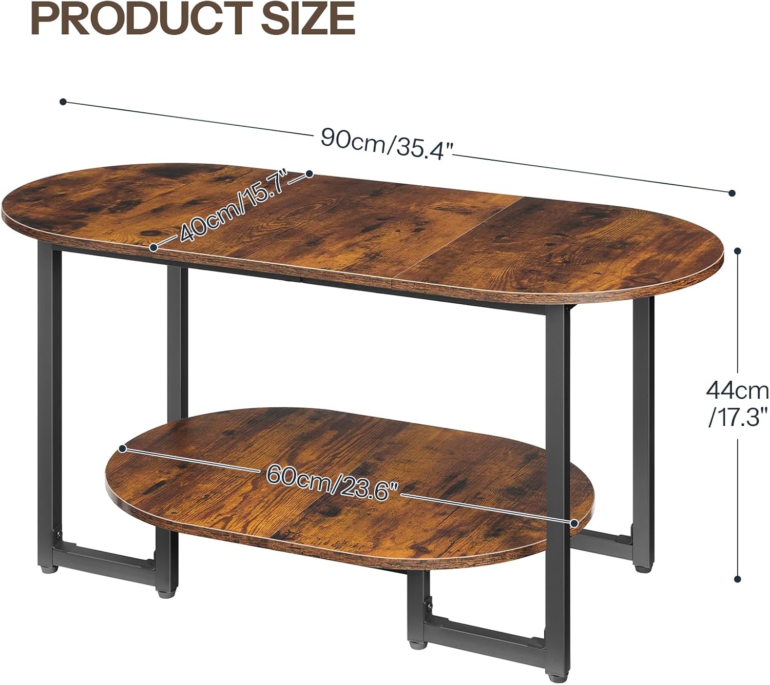HOOBRO Coffee Table for Living Room, Oval Small Coffee Table with 2-Tier Open Storage Shelf, Industrial Cocktail Tea Table, Wooden Desktop Center Table, Farmhouse, Home Office, Rustic Brown BF09KF01 — Rustic Brown (2)