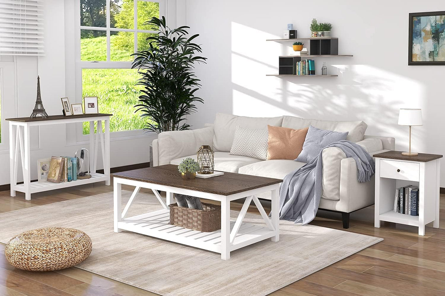 ChooChoo Farmhouse Coffee Table, Rustic Vintage Living Room Table with Shelf, 40 White — White / 40 Inches (7)