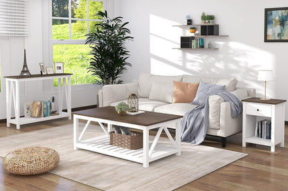 ChooChoo Farmhouse Coffee Table, Rustic Vintage Living Room Table with Shelf, 40 White — White / 40 Inches (7)