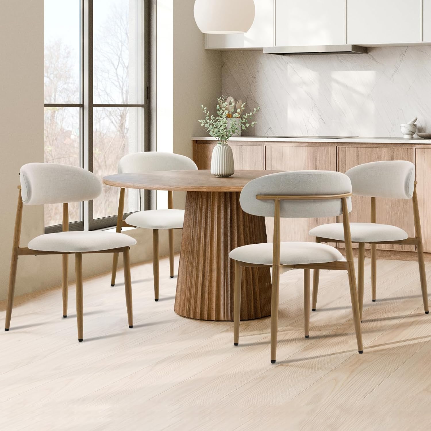 UVV Dining Chairs Set of 4, Metal Kitchen Chairs with Modern Fabric Upholstered for Dining Room, Beige — Beige Seat /Wood-grain Metal Legs / 4 (2)