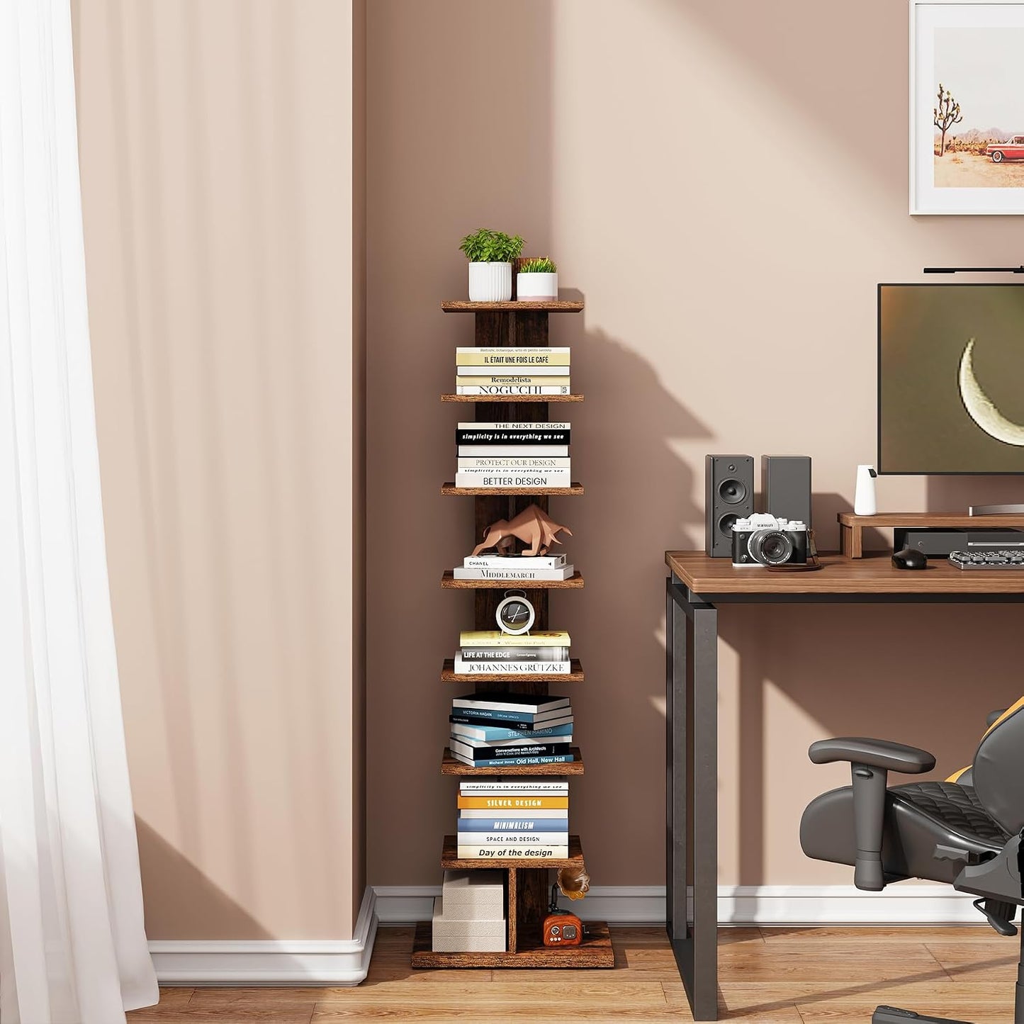 TUTOTAK Book Shelf, Narrow Spine Bookshelf, 8-Tier Bookcase for Small Space | 10.4 x 13.4 x 47.5 Inches Vertical Freestanding Corner Shelf for Living Room, Office, Study, Entryway, Brown BS06BB008 — 8 Tier / Rustic Brown (7)
