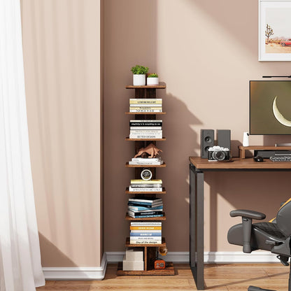 TUTOTAK Book Shelf, Narrow Spine Bookshelf, 8-Tier Bookcase for Small Space | 10.4 x 13.4 x 47.5 Inches Vertical Freestanding Corner Shelf for Living Room, Office, Study, Entryway, Brown BS06BB008 — 8 Tier / Rustic Brown (7)